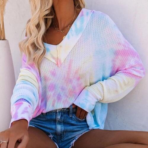 Women Tie Dye One Shoulder Long Sleeve Waffle Sweater Loose Pullover Blouse