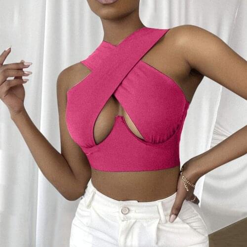 Green Sexy Bandage Halter Cross Crop Tops For Women Sleeveless Backless Club Party Chic Wrap Cropped Top Slim Streetwear 3