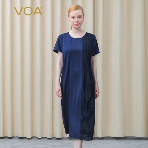 VOA Silk Stretch Satin Crewneck Short Sleeve Bump Stitch Pleat Asymmetrical Dark Navy Relaxed Summer Womens Dress 2021 AE900