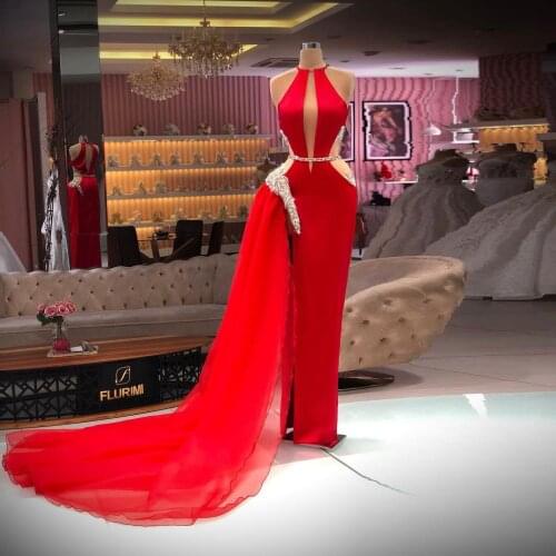 Red Elegant Mermaid Prom Dresses Luxury Halter Glitter Crystals High Slit Women Long Evening Party Night Gowns Custom Plus Size