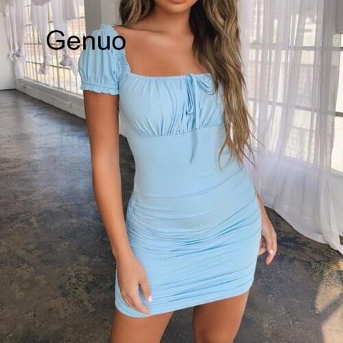 Women Summer Sexy Vestidos Femininos Solid Square Neck Short Sleeve Lace Up Ruched Bodycon Halter Mini Dress Robe Femme