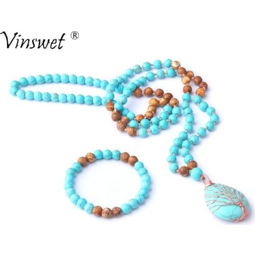 Women Necklaces Mala Natural Stone Necklaces Hand Knotted Turquoises Beaded Charm Bracelet Fashion Mens Prayer Yoga Jewelry