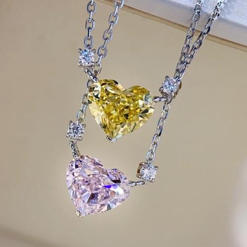 Luxury Female Pink Yellow Pendant Necklace Dainty Silver Color Chain Necklace Cute Crystal Love Heart Wedding Necklace For Women