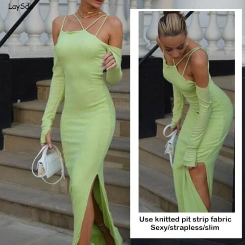 2021 European And American Womens Autumn New Sexy Long-sleeved Hanging Neck High-waist Slim Off-shoulder Party Casual Dress