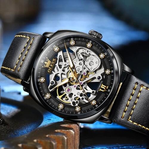Mens Watch Automatic Mechanical Wristwatch Hollow design waterproof leather watchband Individuality and Uniqueness Male Clock