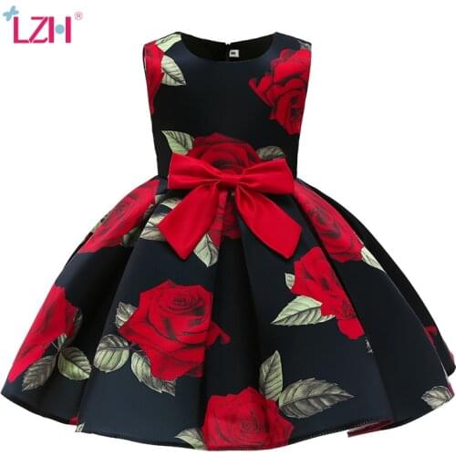 LZH Rose Print Princess Dress For Kids Clothes Girls Wedding Flower Girls Dress Sleeveless Birthday Party Evening Dresses 3-10Y