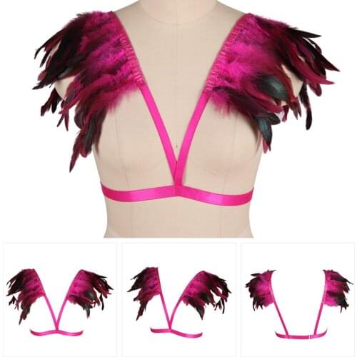 Erotic Lingerie Feathers Pastel Goth Womens Fashion Cage Bra Bondage Belt Body Harness Elastic Straps Bra Festival Rave Wear