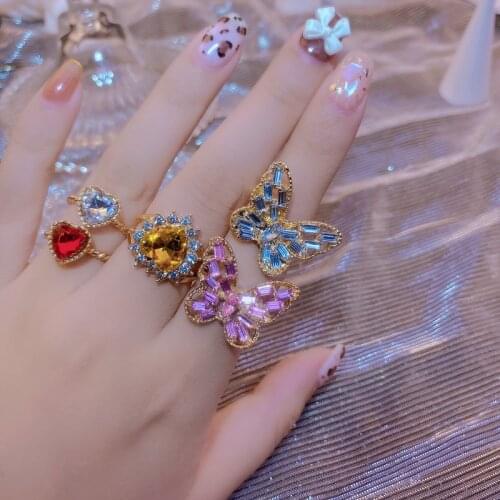 New Luxury Butterfly Heart Open Crystal Rings for Women Girls Temperament Wild Pink Blue Yellow Big Ring Jewelry Gifts Wholesale