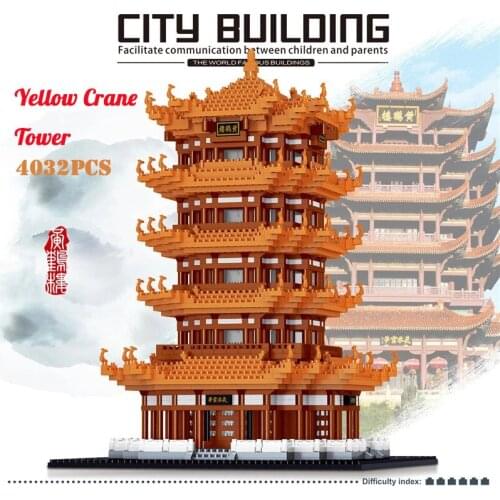 World Architecture Yellow Crane Tower 3D Model DIY 4032pcs Mini Diamond Blocks Bricks Building Christmas Toy for Children