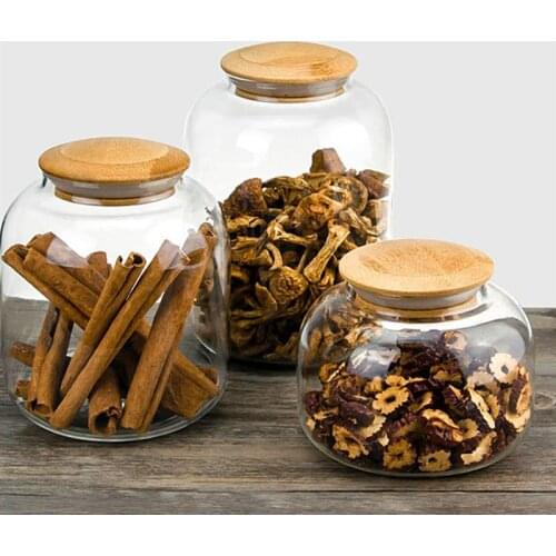 OUNONA 550ml Tea Bean Grain Storage Box Candy Jar With Bamboo Lid Food Grain Container Transparent Glass Kitchen Storage Tank