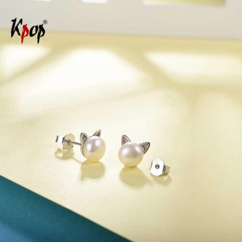 Kpop Cute Cat Earrings 925 Sterling Silver Natural Freshwater Real Pearl Earrings Stud Valentines Day Gift E6009