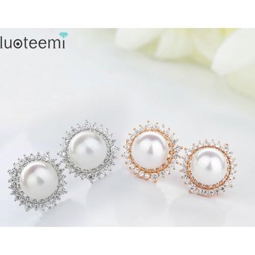 LUOTEEMI Brand Charm Trendy Earrings Round AAA White Imitation Shell Pearl Korean Earrings Stud for Women Wholesale Wedding