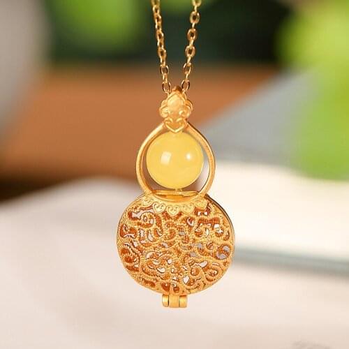 Natural 925 sterling silver gilt hollow out inlaid round beads amber gourd temperament individuality gold necklace luxury