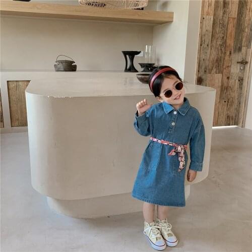 Girls' Dress Autumn 2021 Korean Childrens Girls Clothing Thin Baby Girl Denim Shirt Dress Kids Turn Down Cowboy Dresses 2-7Y