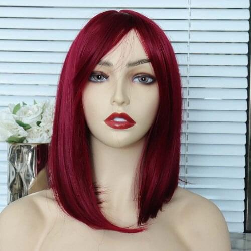 Red Colored Short Bob Straight Synthetic Full Machine Made Wig Free Part with Bangs Natural Hairline Daily Use For Women