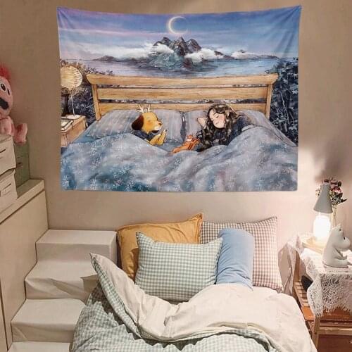 Hand Painted Girl Tapestry Bed Room Dorm Decor Wall Hanging Valance Chic Gift Cute Home Decor Forest Printed Rectangle Tapestry