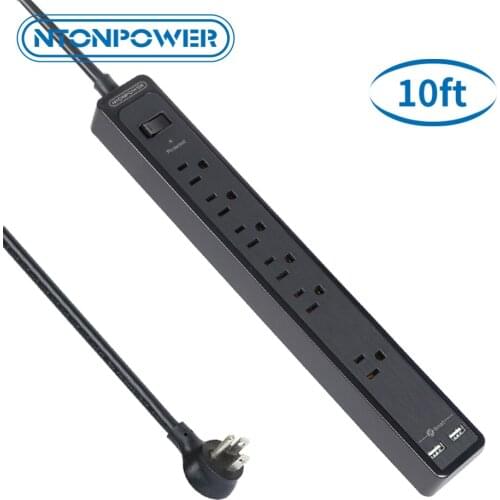 NTONPOWER Wall Mounted Surge Protector US Power Strip Black With 10ft Extension Cord Slim Design USB Plug For Home Dorm Room