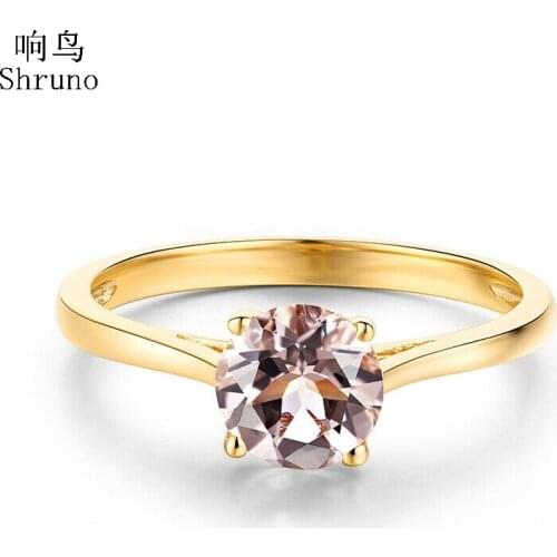 Shruno Women Wedding Gemstone Ring Solid 14K Yellow Gold Flawless Round 6mm Genuine Morganite Engagement Wedding Jewelry Ring