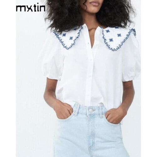 MXTIN 2021 Women Summer Fashion White Embroidery Blouses Vintage Lapel Collar Puff Sleeve Female Shirts Casual Japan Tops