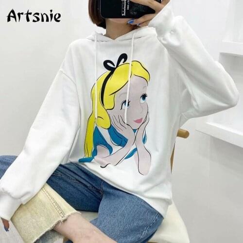 Artsnie Disney Alice Cartoon Sweatshirt Women Autumn Hooded Long Sleeve Oversized Hoodies Streetwear White Casual Sweatshirts
