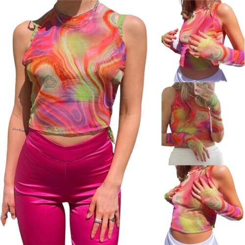 Women Sexy Sleeveless T-Shirts Abstract Printed Crop Tank Tops with Short Arm Sleeves Multi-color For Summer Fall Spring