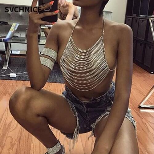 Women Sexy Chain Tops Gold Silver Short Camis Summer Shining Backless Chain Beach Tops Club Show Wear 2018 Female Crop Tops