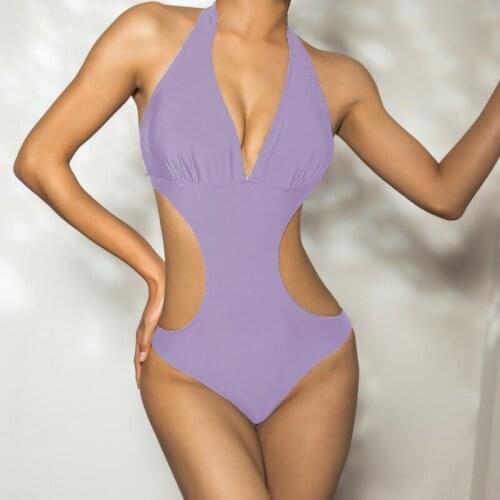 Women One Piece Solid Color Halter Hollow Out Bikini Swimsuit Deep V Fashion Beachwear Swimwear 2021 New Backless Bathing Suit