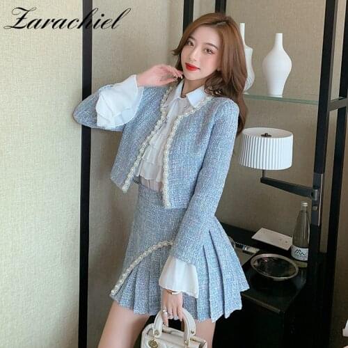 Autumn Winter Beading Blue Tweed 3 Piece Set Women Pearls Short Jacket Coat+Ruffles White Chiffon Shirts+Mini Pleated Skirt Set