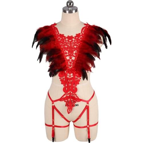 Women Feather Epaulettes Splice Lace Steampunk Shoulder Wings Festival Rave Burningman Wedding Full Body Harness Lingerie Set