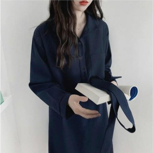 Women Spring Long Sleeve Long Beige Dress with Buttons Turn-down Collar Pulover High Waist Dresses with Waistbelt