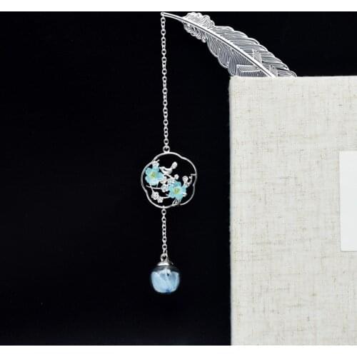 1pc Classical Chinese Bookmark Silver Feather Leaves Dried Flower Pendant Metal Books Markers Material Escolar Stationery Supply