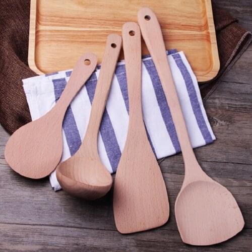 4 Pcs/set No Paint Solid Wood Anti Scald Soup Fruit Wood Material Kitchen Utensils All-in-one High Temperature Resistance