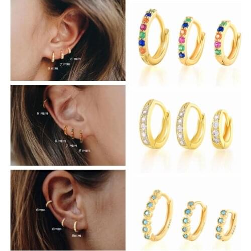 CANNER 6/7/8mm Hoop Earrings 925 Sterling Silver Earrings For Female Rainbow White Turquoise Zircon Huggie Ear Rings oorbellen