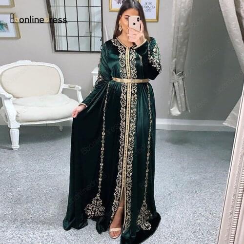 Dark Green Muslim Evening Dress Long 2020 Velvet Embroidery Moroccan Caftan Prom Dress Women Wear Formal Gowns robe de soiree