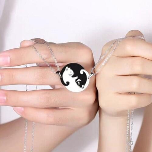 Two Cat Couples Jewelry Necklace Black White Kitten Animal Pendant Choker Necklace Women Valentines Day Thanksgiving Day Gift