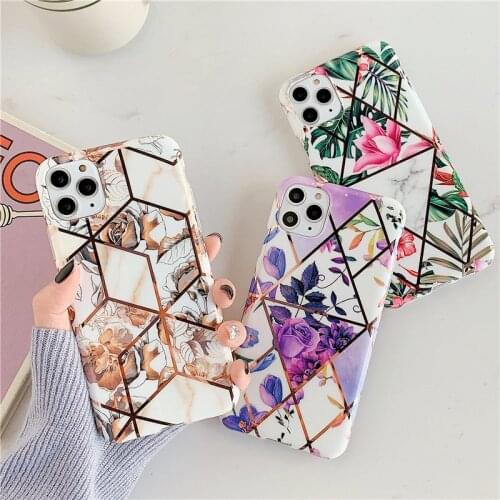 Stylish ElectroPlated Geometric Marble Flower Phone Case For iPhone 11 Pro XS MAX 7 8 Plus XR SE2020 Soft IMD Bracket Back Cover