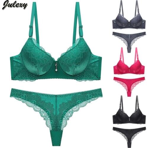 Julexy New 2020 Sexy thongs women bra set Lace Push up bra and panty set G string BC Solid intimate underwear set