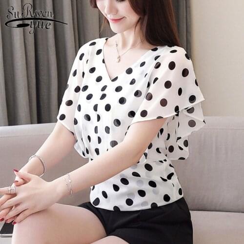 Korean fashion clothing 2021 ladies tops white shirt blouse Short Ruffles Polka Dot V-Neck shirts chiffon blouse blusas 3097 50