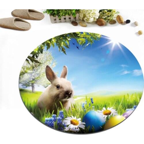 Round Childrens Room Floor Cushion Kitchen Area Rugs Bathroom Carpets Non-Slip Office Door Mat A cute Rabbit In Sunshine Grass