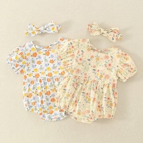 Summer Baby Girls Short Sleeve Bodysuit Set Floral Breathable Romper Jumpsuit Infant Baby Bodysuit+Headband Suit Baby Clothing