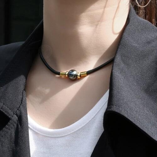 Fashion Leather Choker Necklace for Men Women Hematite Metal Bead Charm Punk Man-made Chain 18inch Extension Link DDN164
