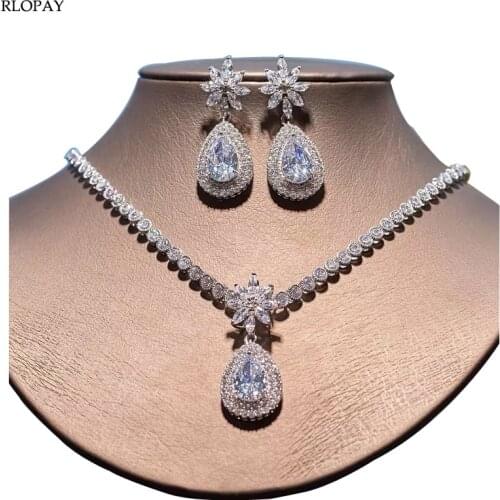 Top Quality Cubic Zirconia Jewelry Set for Bridal Water Drop Necklace and Earring Sets Luxury Gold Costume Jewelry