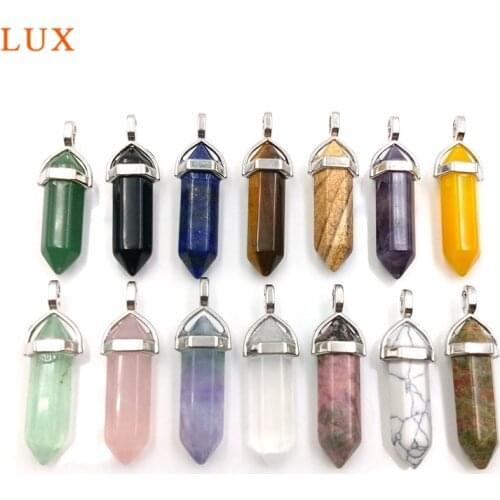 Natural Bullet Stone Pendant Necklaces For Women Healthy Pink Crystal Pen Charms Fashion Jewelry Hexagonal Column Pendant Charms