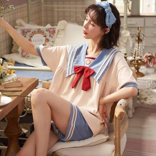 Summer College Style Womens Cotton Short Sleeve Pajamas Sets Fashion Navy Collar Bows Sleepwear Sweet Lovely Maiden Homewear