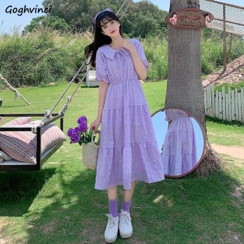 Short Sleeve Dress Women Peter Pan Collar Bow Pleated Midi Dresses Preppy-style Elegant Sweet Girls Puff-sleeve Vintage Princess