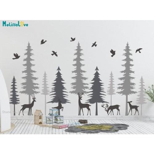 Pine Tree With Deers Wall Decals Forest Wild Life Woodland Home Decor Kids Room Decals Kindergarten DIY Lovely Murals YT4850