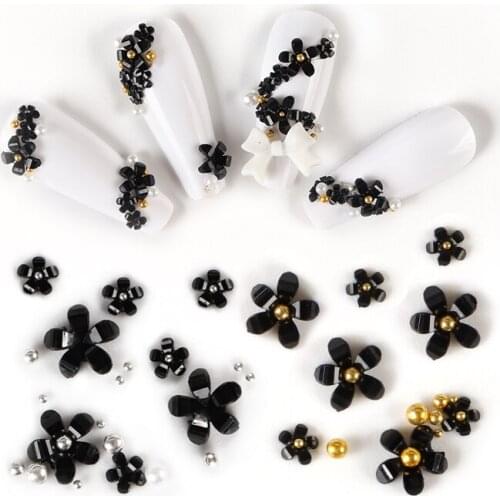 Black Flower Nail Decorations Acrylic Nail Art Gems Mixed Size Rhinestone Accessories For Manicure Design