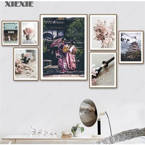 Japanese Katana Girl Tokyo Sakura Dahlia Wall Art Canvas Painting Nordic Posters and Prints Wall Pictures for Living Room Decor