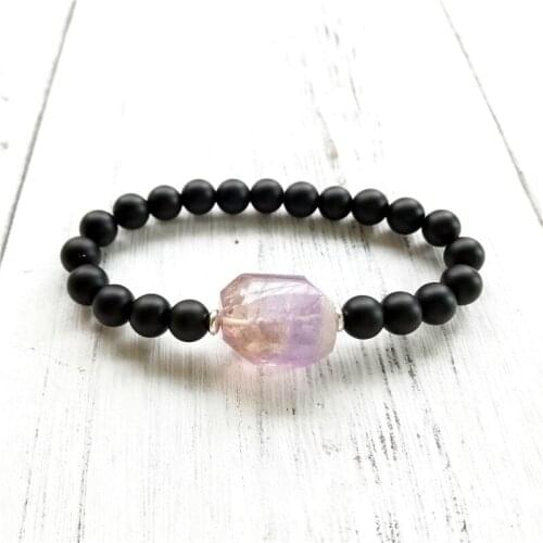 Natural Purple Quartz Yoga Bracelets Matte Black Onyx And Amerthyst Bracelet Black Mens Jewelry Charm Wrist Mala Gift For Men