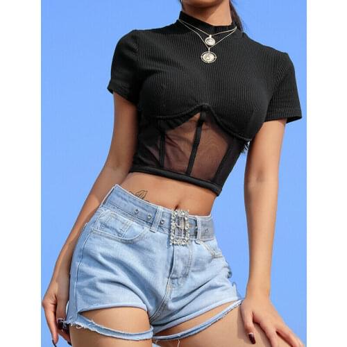 New Womens Casual Party Club Black Mesh Patchwork Crop Top T-Shirt Short Tops Ladies Short Sleeve Sheer High Neck Top Clothes